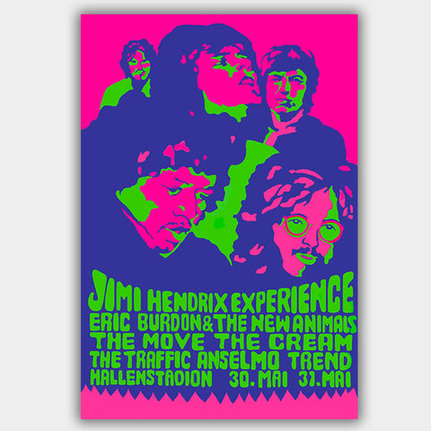 Jimi Hendrix with Cream & Animals (1968) - Concert Poster - 13 x 19 inches